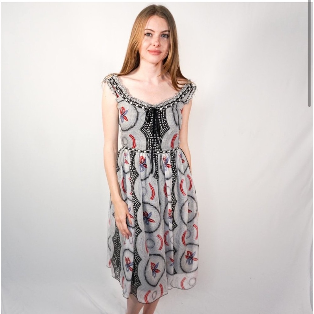ANNA SUI Lace Ruffle Trim Neckline Silk Midi Dress